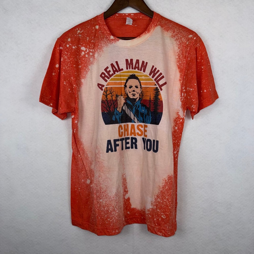 Michael Myers Halloween Shirt Mens Large Orange Bleached Graphic Tee Horror